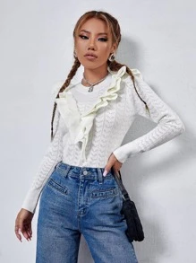 SHEIN Essnce Exaggerated Ruffle Pointelle Knit Jumper - White - View 5