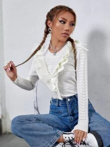 SHEIN Essnce Exaggerated Ruffle Pointelle Knit Jumper - White - View 6