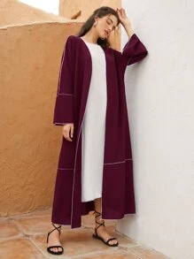 Al Najma Burgundy Red Contrast Topstitching Belted Abaya - Burgundy - View 1