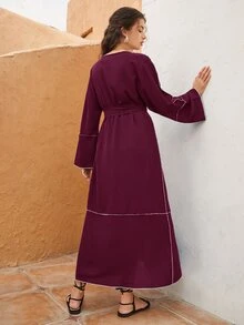 Al Najma Burgundy Red Contrast Topstitching Belted Abaya - Burgundy - View 2