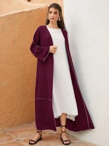 Al Najma Burgundy Red Contrast Topstitching Belted Abaya - Burgundy - View 3
