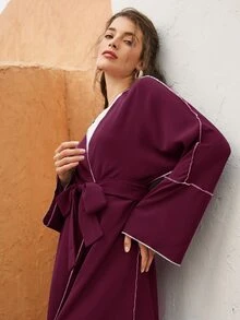 Al Najma Burgundy Red Contrast Topstitching Belted Abaya - Burgundy - View 4