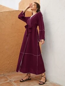 Al Najma Burgundy Red Contrast Topstitching Belted Abaya - Burgundy - View 5