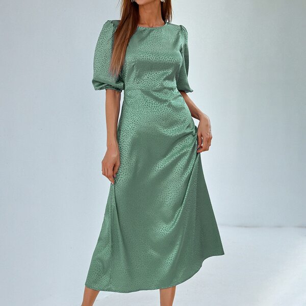 

Allover Print Puff Sleeve Satin Dress, Green