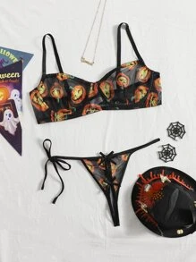 Plus Halloween Pumpkin Print Crotchless Lingerie Set - Multicolor - View 1