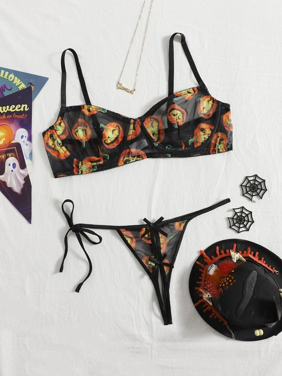 Plus Halloween Pumpkin Print Crotchless Lingerie Set - Multicolor - View 1