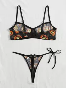 Plus Halloween Pumpkin Print Crotchless Lingerie Set - Multicolor - View 2