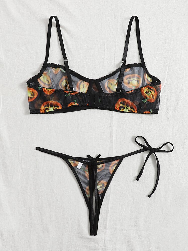 Plus Halloween Pumpkin Print Crotchless Lingerie Set - Multicolor - View 2