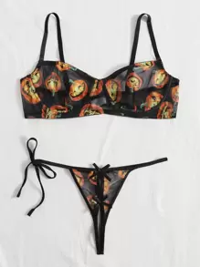 Plus Halloween Pumpkin Print Crotchless Lingerie Set - Multicolor - View 5