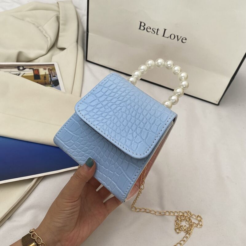 

Minimalist Croc Embossed Faux Pearl Decor Chain Satchel Bag, Blue
