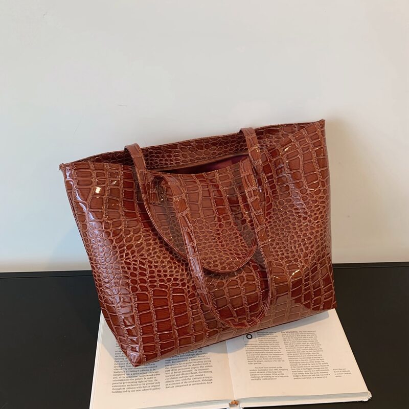 

Minimalist Croc Embossed Shoulder Tote Bag, Brown