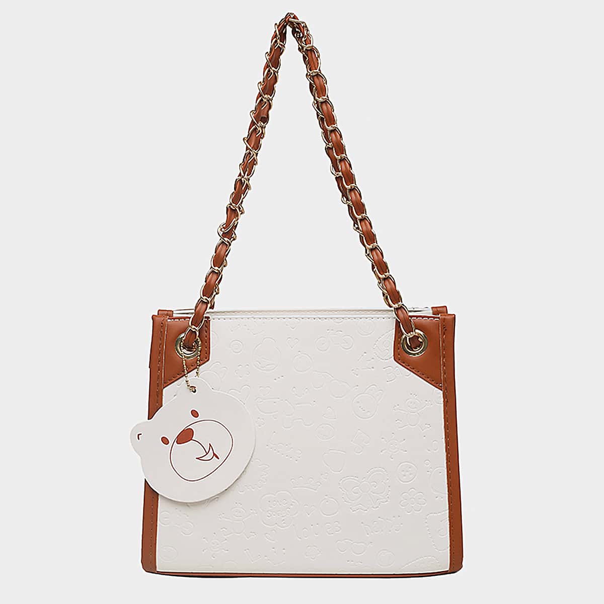 

Two Tone Cartoon Embossed Chain Shoulder Tote Bag, White