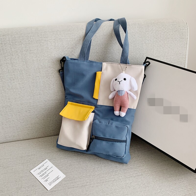 

Colorblock Pocket Front Shoulder Tote Bag, Blue