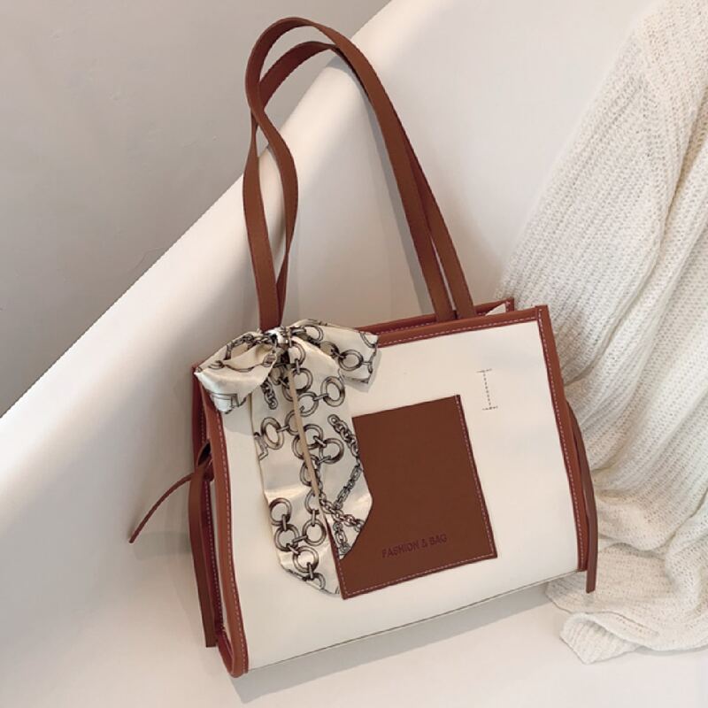 

Two Tone Scarf Decor Shoulder Tote Bag, Brown
