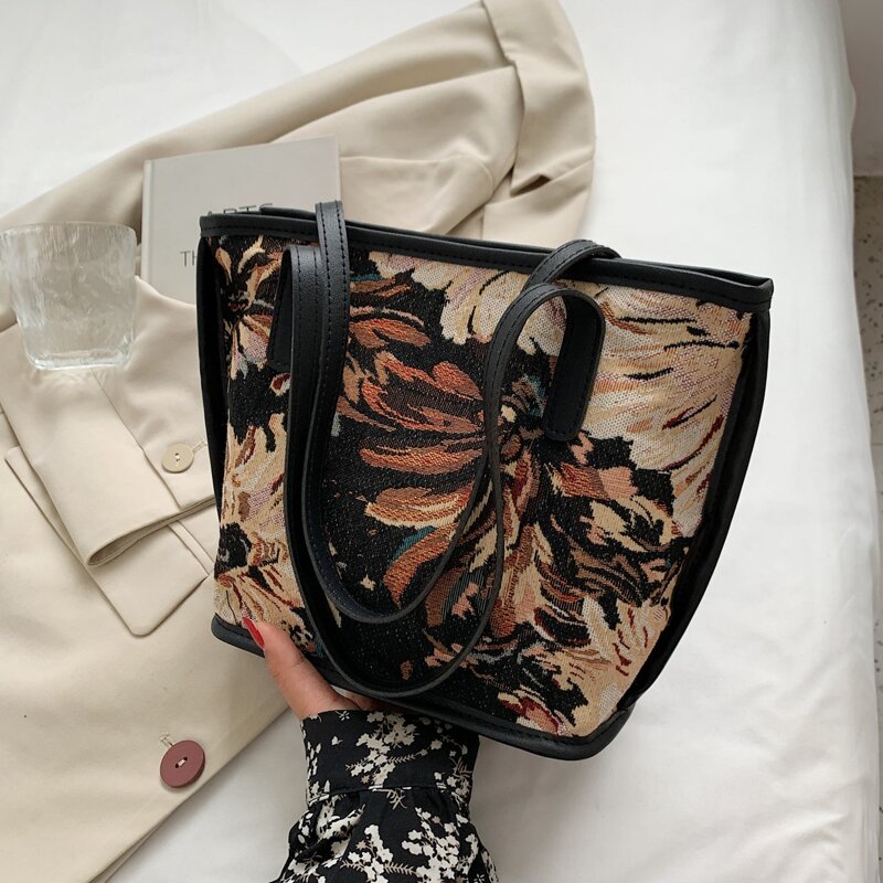 

Floral Graphic Shoulder Tote Bag, Black