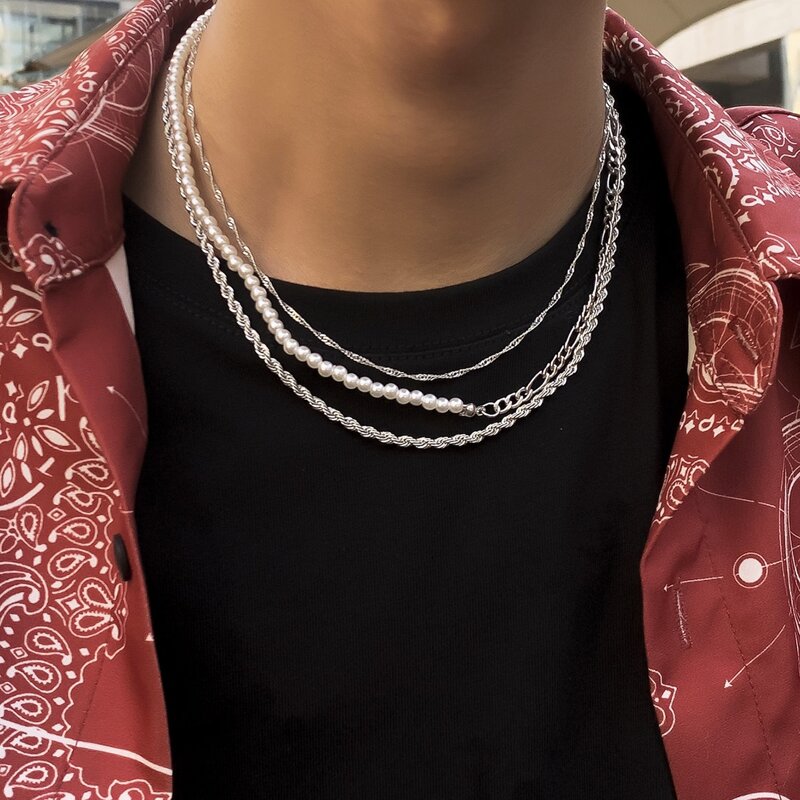 

Guys 3pcs Faux Pearl Necklace, Silver