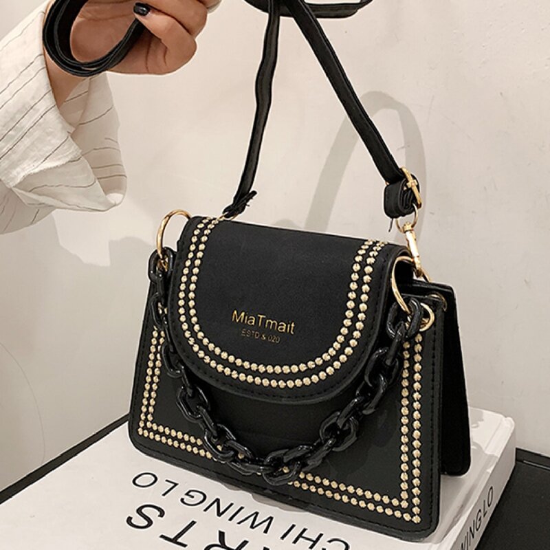 

Chain Handle Flap Satchel Bag, Black