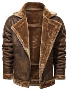 Manfinity Homme Loose Men's Teddy Panel Pu Moto Jacket With Zipper Closure - Brown - View 3