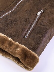 Manfinity Homme Loose Men's Teddy Panel Pu Moto Jacket With Zipper Closure - Brown - View 8
