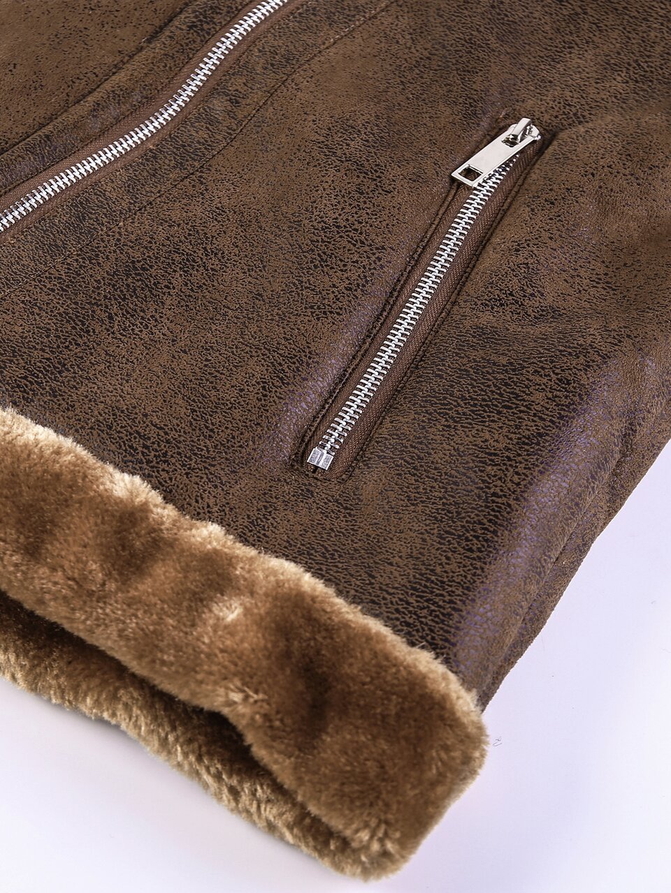 Loose Men's Teddy Panel Pu Moto Jacket With Zipper Closure