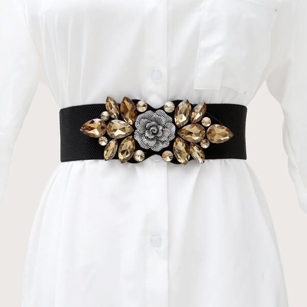 

Flower & Rhinestone Decor Corset Belt, Gold