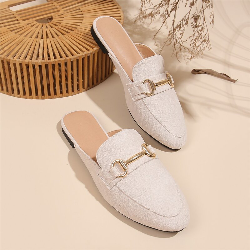 

Minimalist Metal Decor Flat Mules, Beige