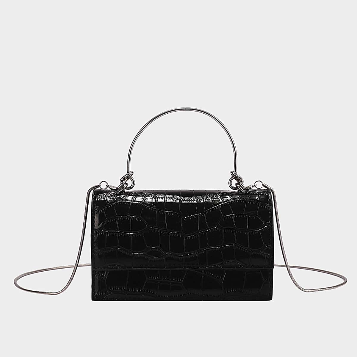

Croc Embossed Flap Satchel Bag, Black