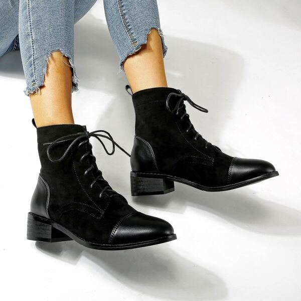 

Suede Lace Up Front Chunky Boots, Black