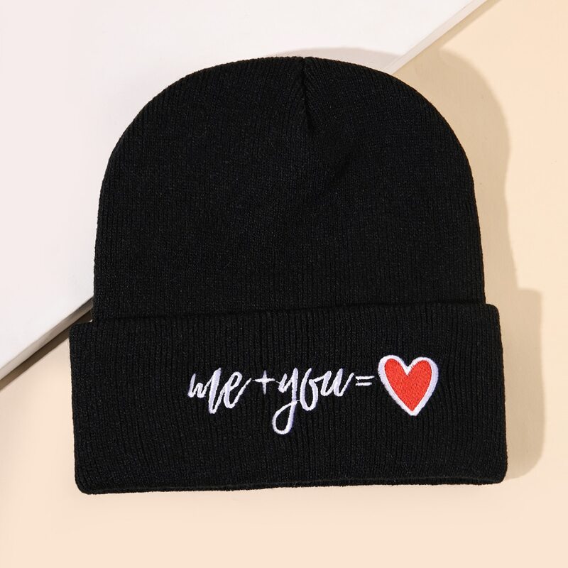 

Heart Embroidery Knit Beanie, Black