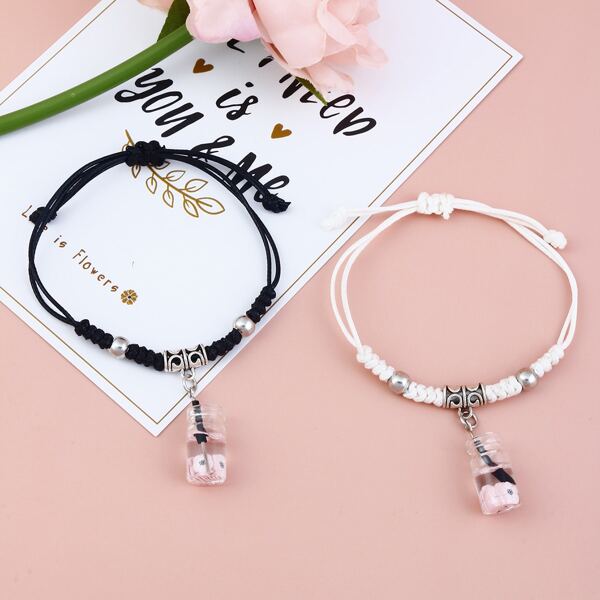 

2pcs Drinks Charm Braided Bracelet, Black and white