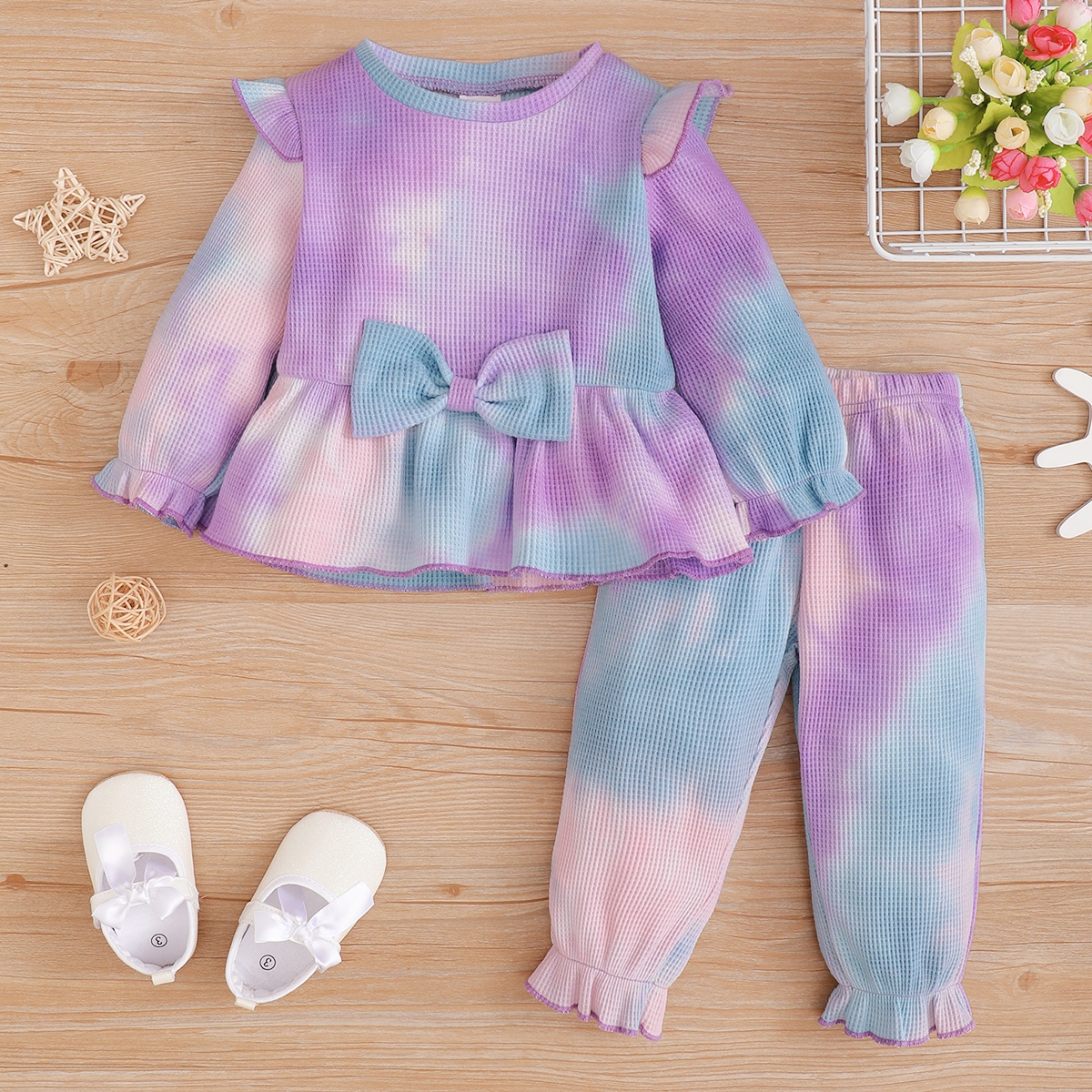 детский с принтом тай-дай с оборкой с рукавами-воланами Топ & Брюки