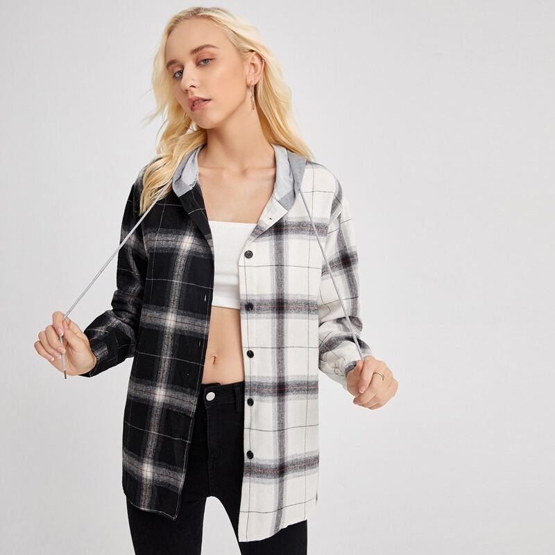 

Plaid Colorblock Button Front Hooded Blouse, Black and white