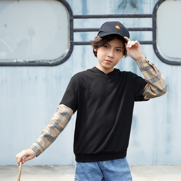 

Boys 1pc Plaid Print 2 In 1 Hoodie, Black
