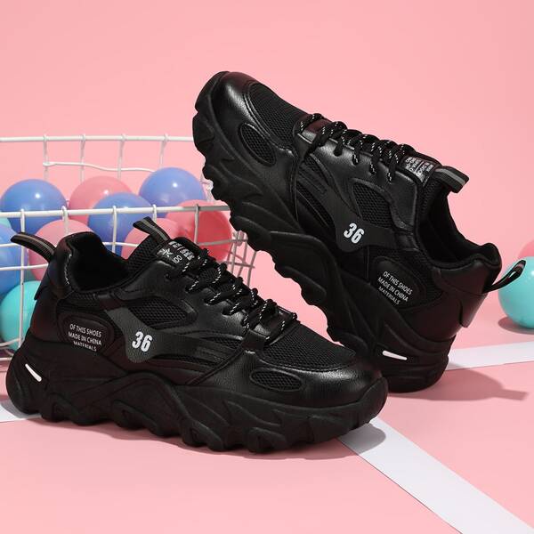 

Letter Graphic Mesh Panel Chunky Sneakers, Black