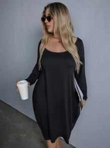 SHEIN LUNE Vestido unicolor de cuello scoop - Negro - Ver 3