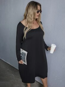 SHEIN LUNE Vestido unicolor de cuello scoop - Negro - Ver 7