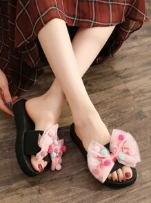 3厘米蝴蝶结装饰毛绒球可爱平底凉鞋 - 粉色 - 查看 5