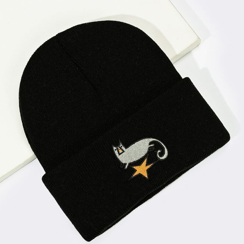 

Graphic Embroidery Knit Beanie, Black