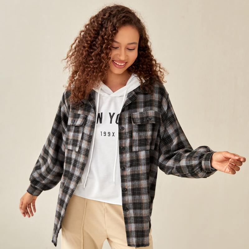 

Plaid Pocket Button Front Blouse, Multicolor