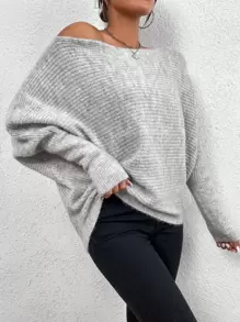 EMERY ROSE Off Shoulder Batwing Sleeve Jumper - Light Grey - View 3