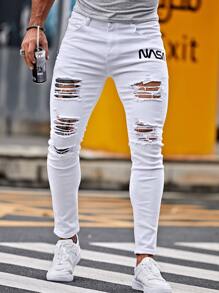 Manfinity LEGND Quần Jeans Skinny Rách In Chữ Cotton Cho Nam, Quần Jeans Cargo Rách Màu Trắng Trơn Ôm Vừa Vặn, Dành Cho Chồng, Quà Tặng Bạn Trai - trắng - Xem 1