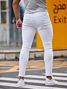 Manfinity LEGND Quần Jeans Skinny Rách In Chữ Cotton Cho Nam, Quần Jeans Cargo Rách Màu Trắng Trơn Ôm Vừa Vặn, Dành Cho Chồng, Quà Tặng Bạn Trai - trắng - Xem 2