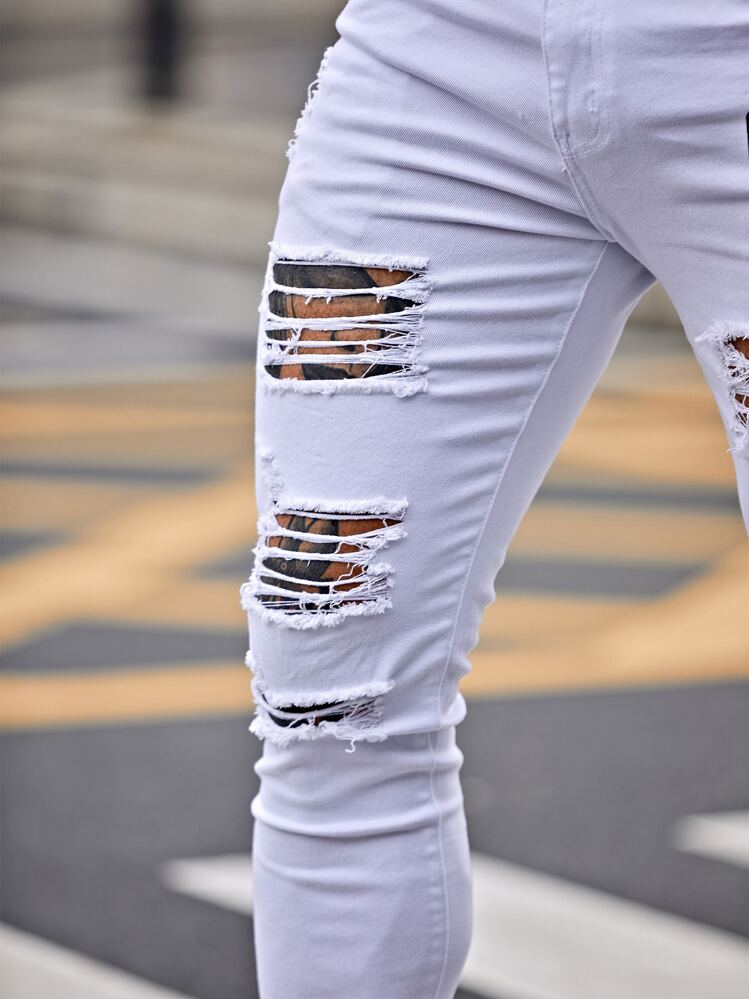 Manfinity LEGND Calça Denim Branca Rasgada Skinny Slim Fit Longa com Gráfico de Letra Algodão Rasgada, Para Presentes de Marido e Namorado - Branco - Visão 6