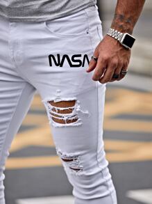 Manfinity LEGND Quần Jeans Skinny Rách In Chữ Cotton Cho Nam, Quần Jeans Cargo Rách Màu Trắng Trơn Ôm Vừa Vặn, Dành Cho Chồng, Quà Tặng Bạn Trai - trắng - Xem 7