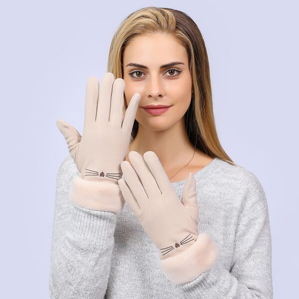 

Cartoon Embroidered Gloves, Camel