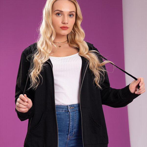 

Plus Zip Up Drawstring Hooded Sweatshirt, Black