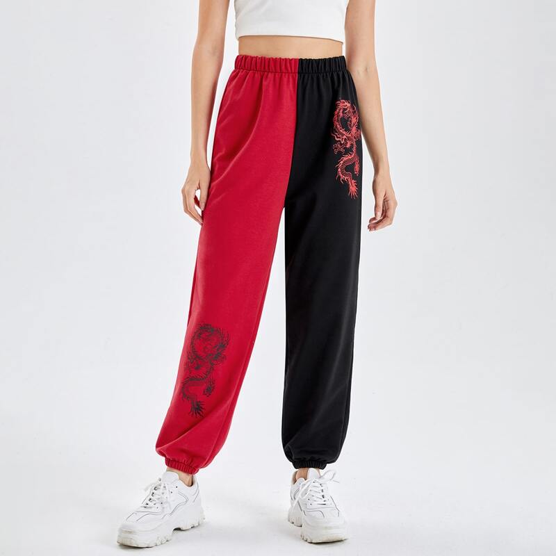 

Colorblock & Chinese Dragon Print Sweatpants, Multicolor
