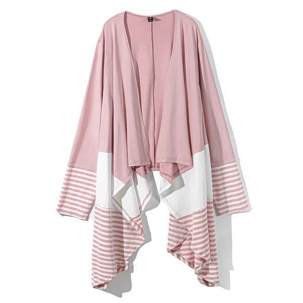 

Plus Color Block Stripe Print Open Front Asymmetrical Hem Coat, Baby pink