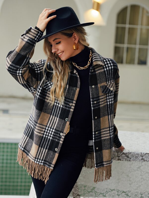 SHEIN Frenchy Chaqueta De Lana Con Flecos Y Patrón De Cuadros