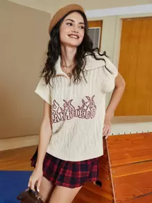 SHEIN Unity Letter And Fire Pattern Zipper Half Placket Knit Top - Apricot - View 3